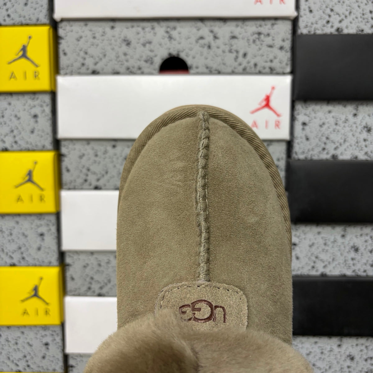 UGG Tazz Slipper – Olive Suede Platform Mule with Tonal Olive Sheepskin Cuff & Gum Lug Sole