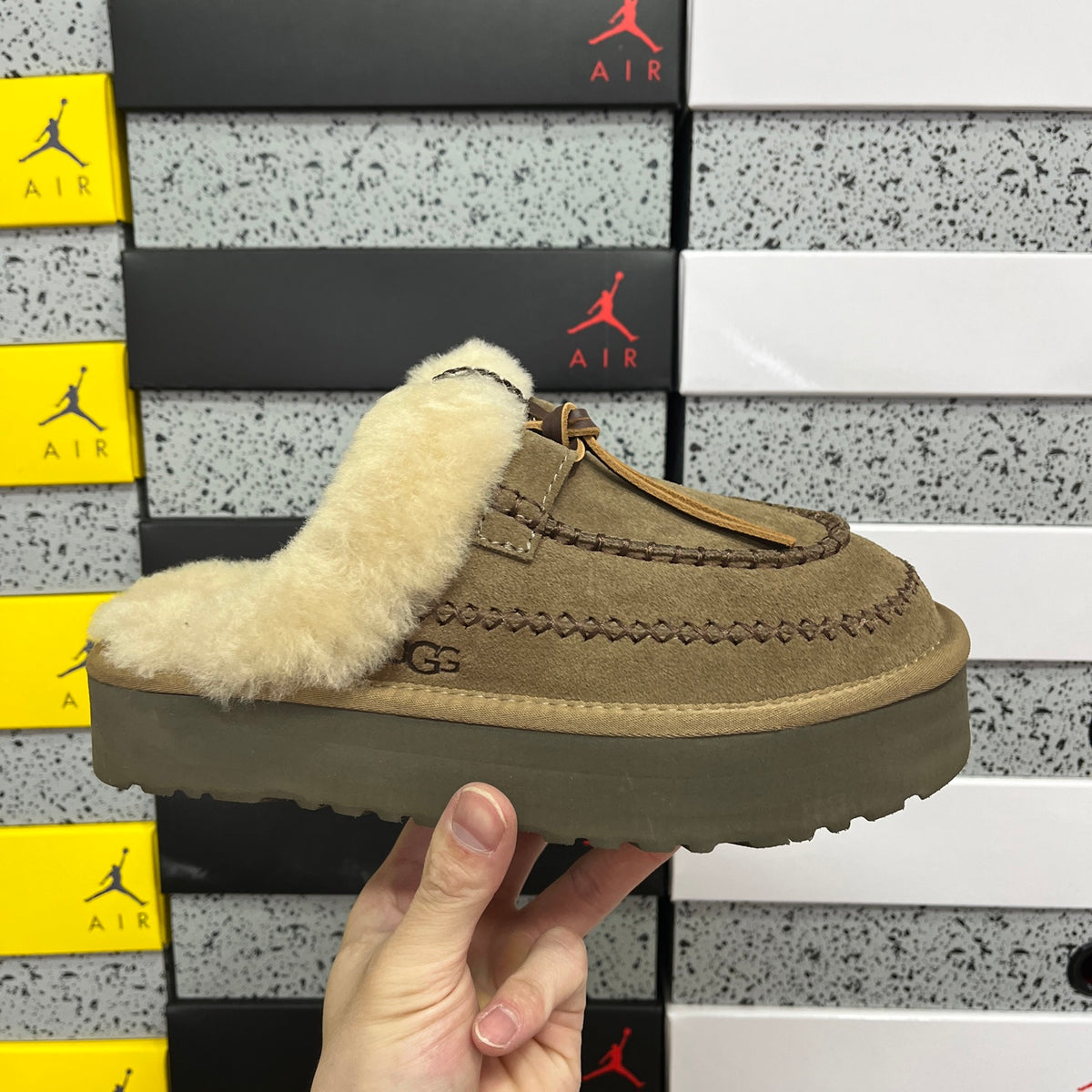 UGG Tazz Platform Slipper – Olive Suede Mule with Oversized Cream Shearling Cuff & Moccasin Stitching