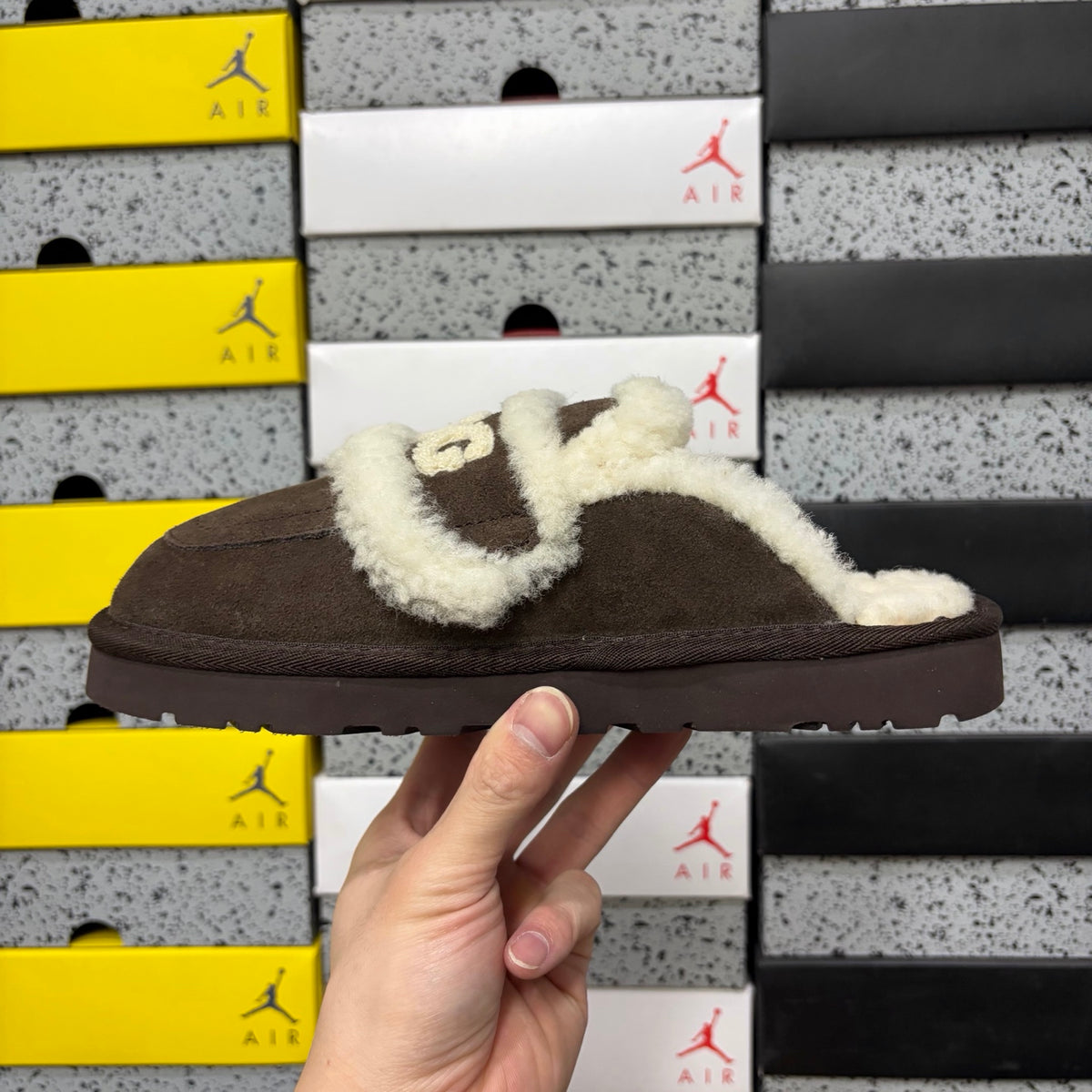 UGG Cozee Squish Slide – Espresso Suede Open-Toe Sandal with Cream Shearling Knot Strap & Dark Lug Sole