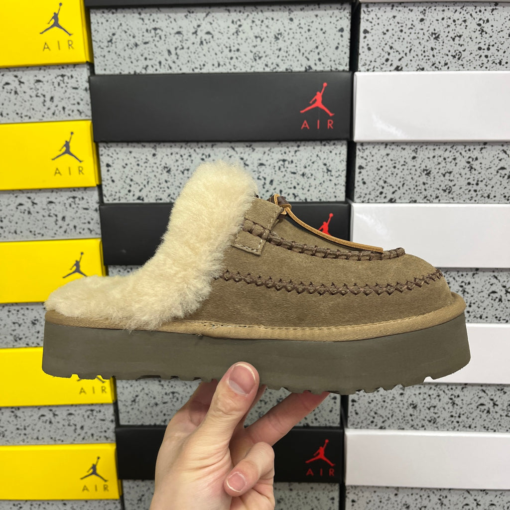 UGG Tazz Platform Slipper – Olive Suede Mule with Oversized Cream Shearling Cuff & Moccasin Stitching
