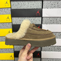 UGG Tazz Platform Slipper – Olive Suede Mule with Oversized Cream Shearling Cuff & Moccasin Stitching