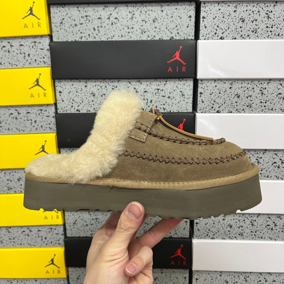 UGG Tazz Platform Slipper – Olive Suede Mule with Oversized Cream Shearling Cuff & Moccasin Stitching