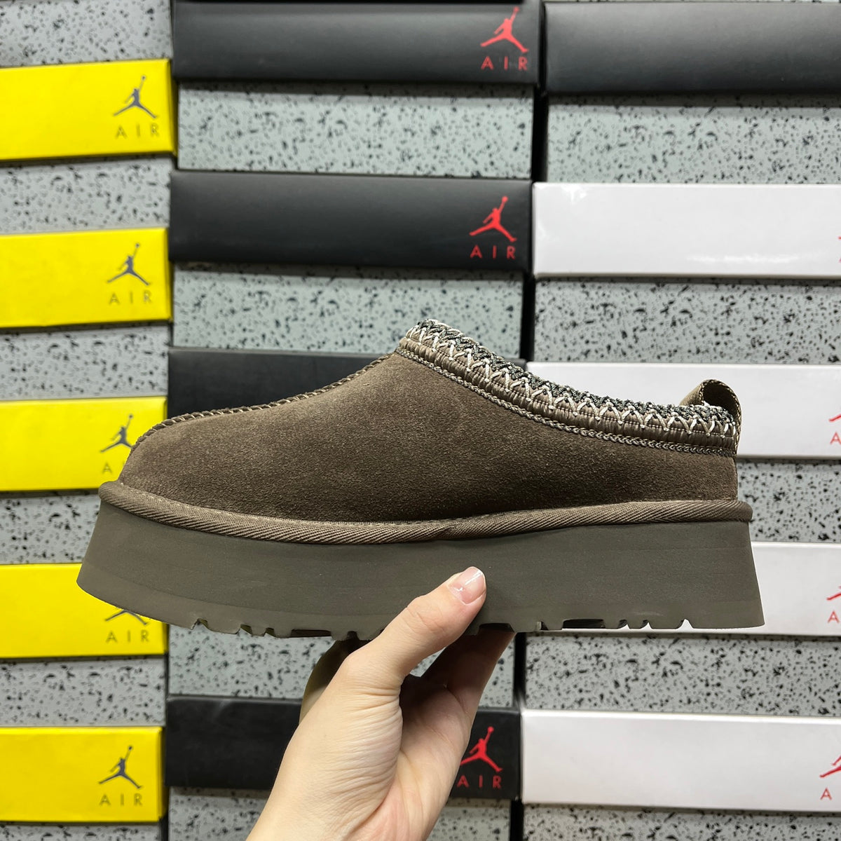 UGG Tazz Platform Slipper – Olive Suede with Embroidered Collar Trim