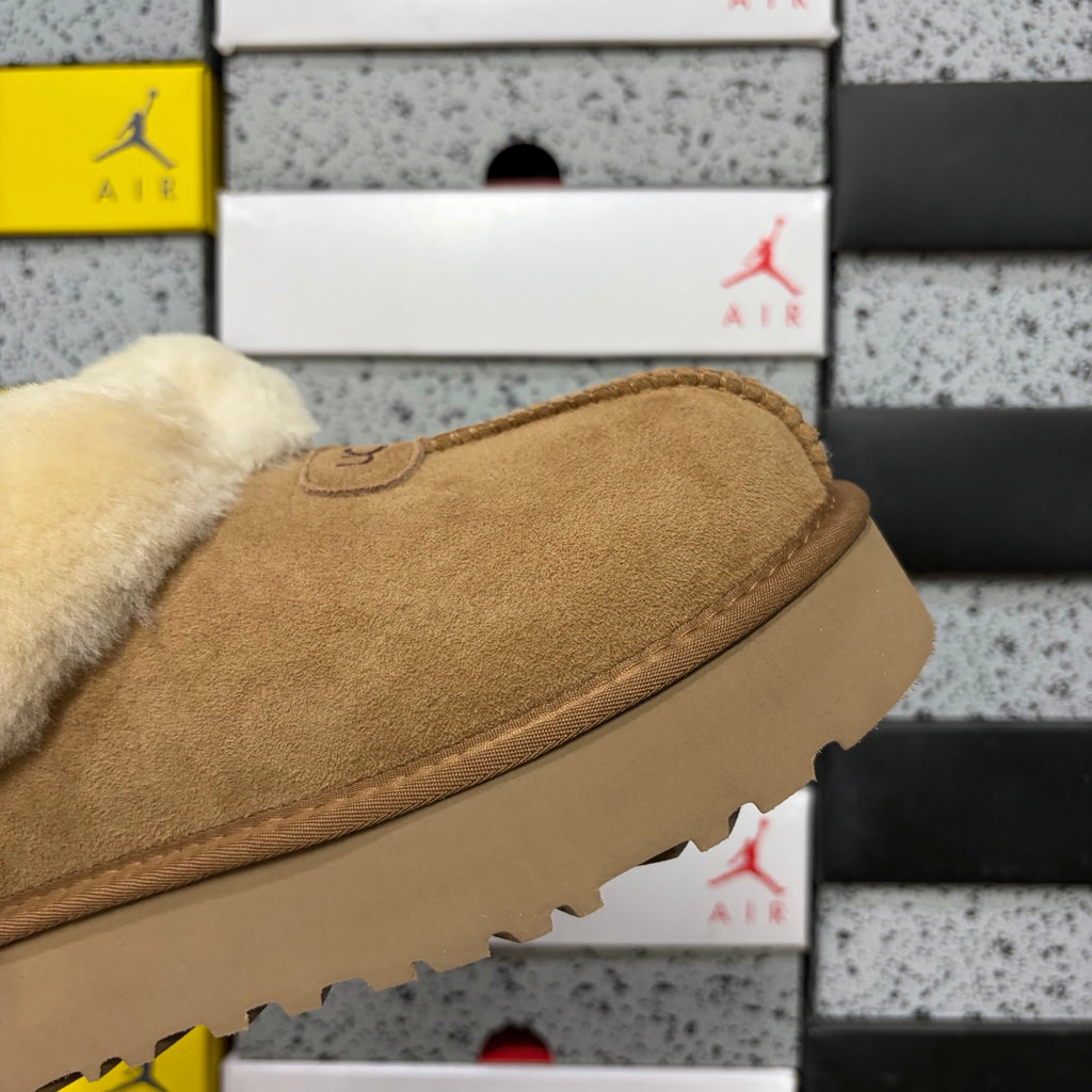 UGG Tazz Slipper – Chestnut Suede Tall Platform Mule with Voluminous Cream Sheepskin Roll Cuff