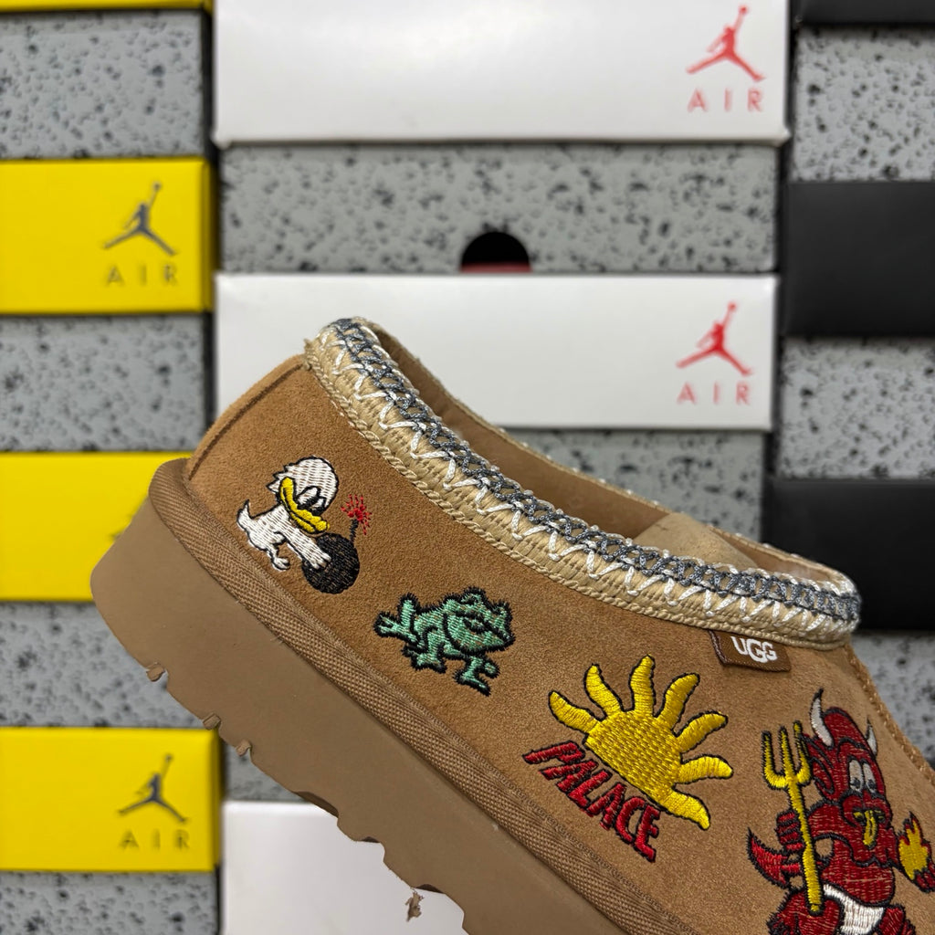 UGG × Palace Skateboards Tasman Slipper – Chestnut Suede with Embroidered Graphic Patches & Metallic Braid Trim