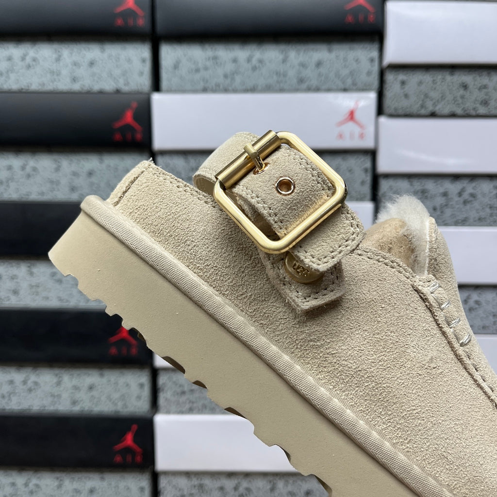 UGG Goldenstar Evelina Clog – Sand Suede Platform Clog with Gold Buckle & Sheepskin Lining