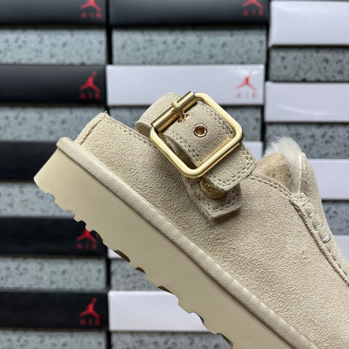 UGG Goldenstar Evelina Clog – Sand Suede Platform Clog with Gold Buckle & Sheepskin Lining