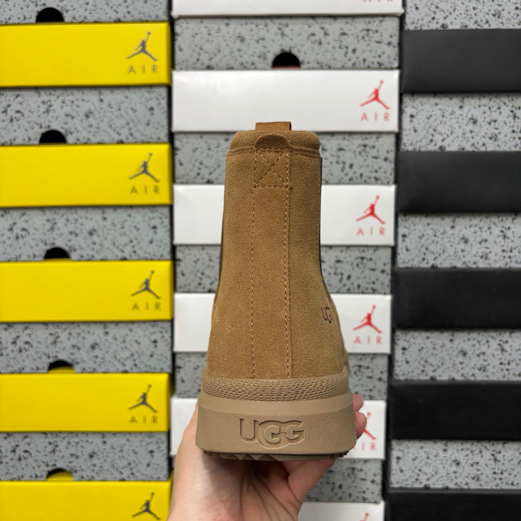 UGG Burleigh Chelsea Boot – Chestnut Suede Slip-On with Elastic Gussets, UGGplush Two-Tone Gum Outsole & Red UGG Heel Medallion