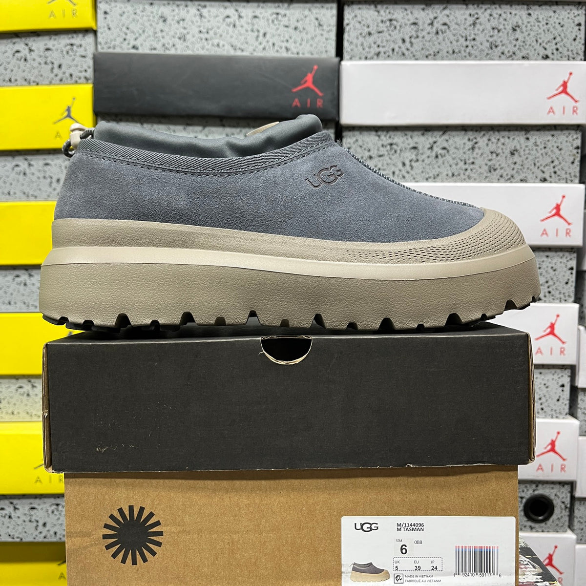 UGG Tasman Weather Hybrid – Slate Grey Suede Slip-On with Taupe SugarSole & Sheepskin Lining