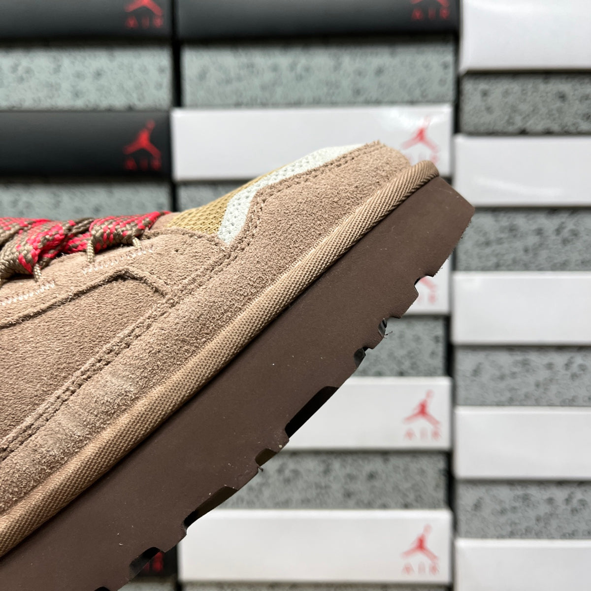UGG Lowmel Sneaker – Camel Suede & Mesh with Red Braided Laces & Dark Chocolate SugarSole