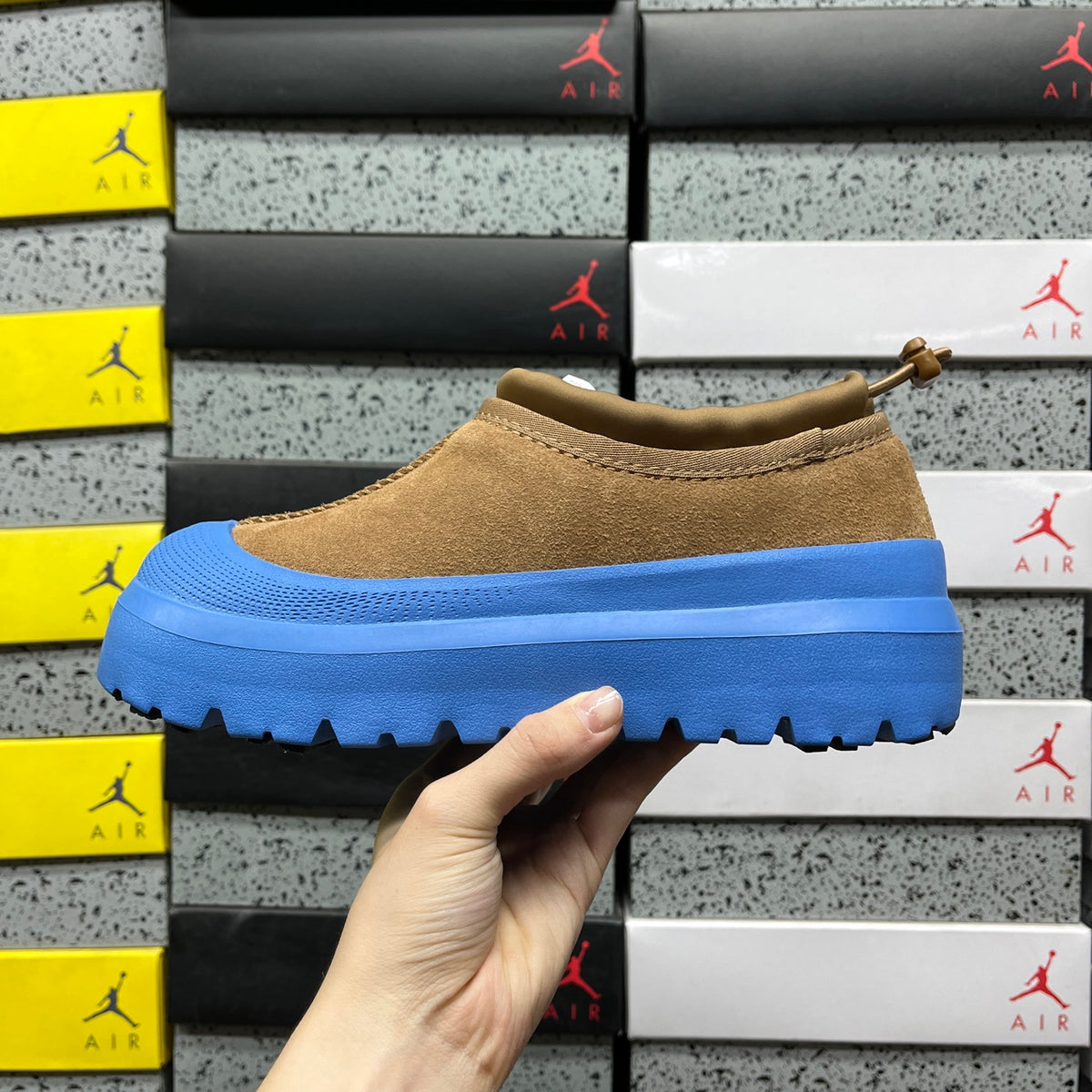 UGG Tasman Weather Hybrid – Tan Suede Slip-On with Cobalt Blue SugarSole & Sheepskin Lining