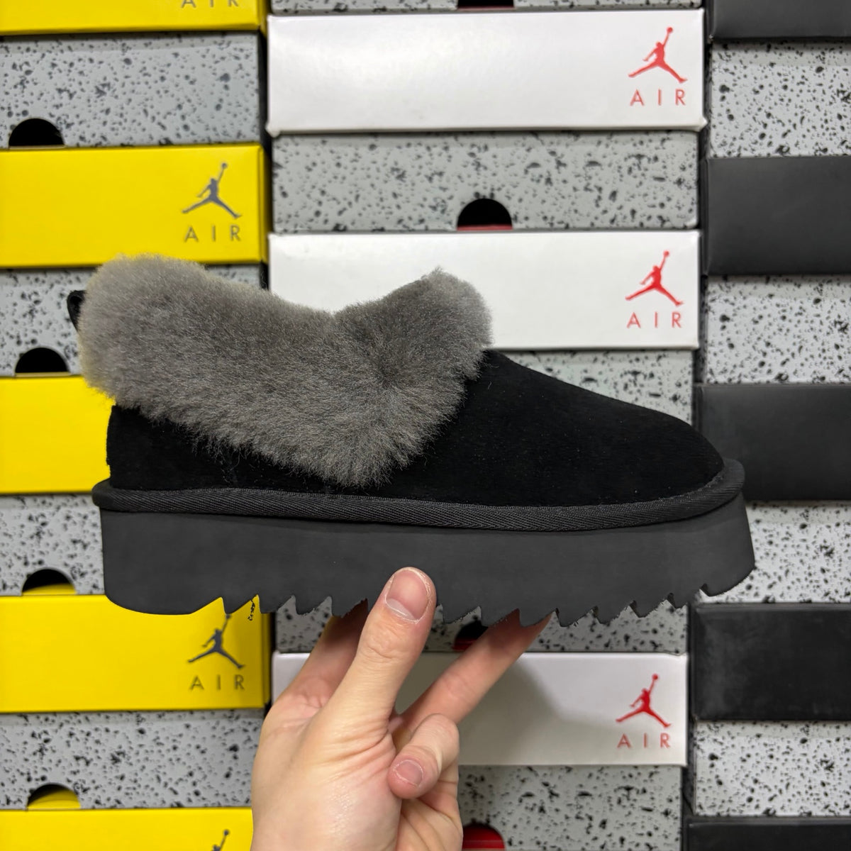 UGG Kallen Lace – Black Suede Platform Bootie with Fluffy Grey Sheepskin Cuff, Back Lace Detail & Sawtooth Lug Sole