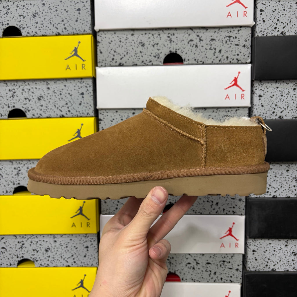 UGG Ultra Mini Boot – Chestnut Suede Low Ankle Boot with Cream Sheepskin Lining & Heel Pull Loop