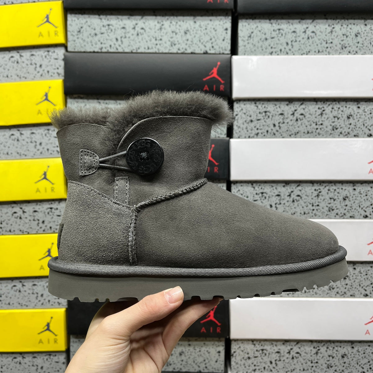 UGG Bailey Button Mini Boot – Grey Suede