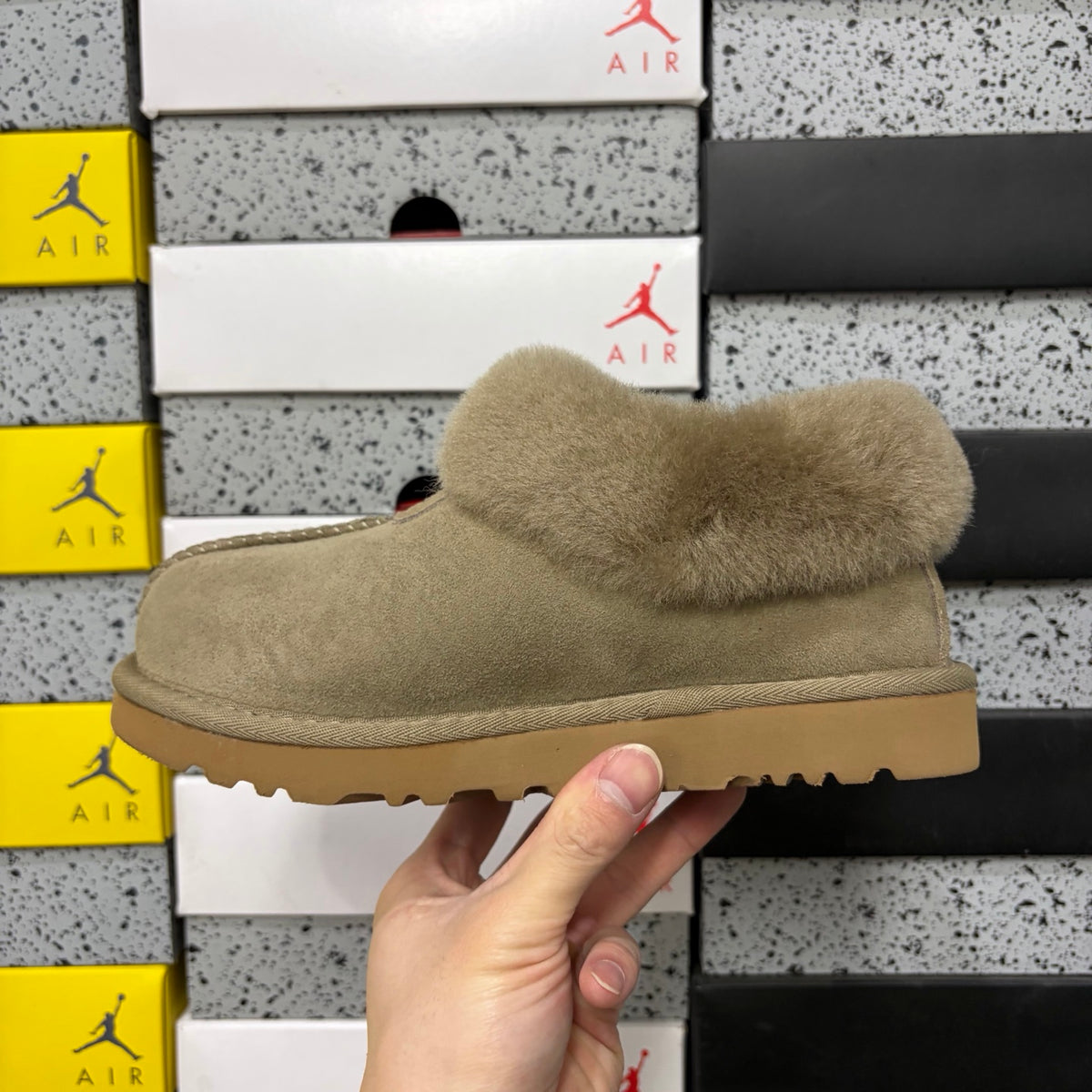 UGG Tazz Slipper – Sand Suede Platform Mule with Tonal Cream Sheepskin Cuff, Moccasin Seam & UGG Heel Tab