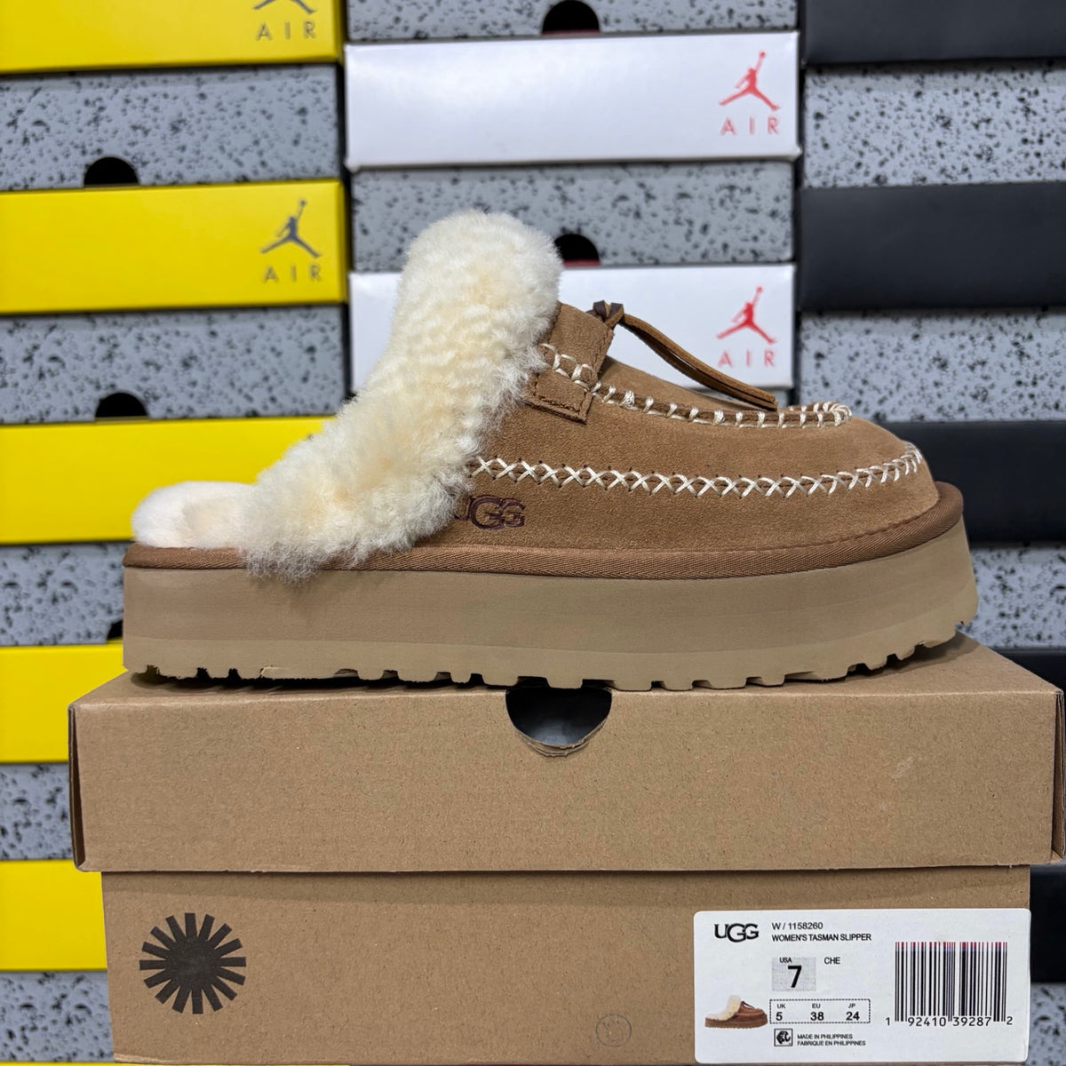 UGG Tazz Platform Slipper – Chestnut Suede Mule with Cream Shearling Cuff & Gold Moccasin Stitching