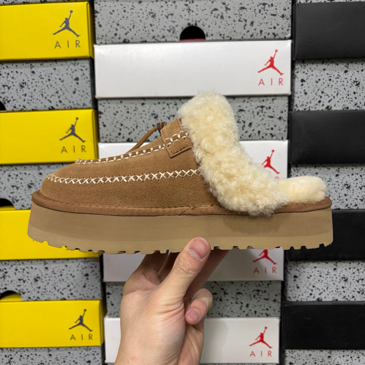 UGG Tazz Platform Slipper – Chestnut Suede Mule with Cream Shearling Cuff & Gold Moccasin Stitching