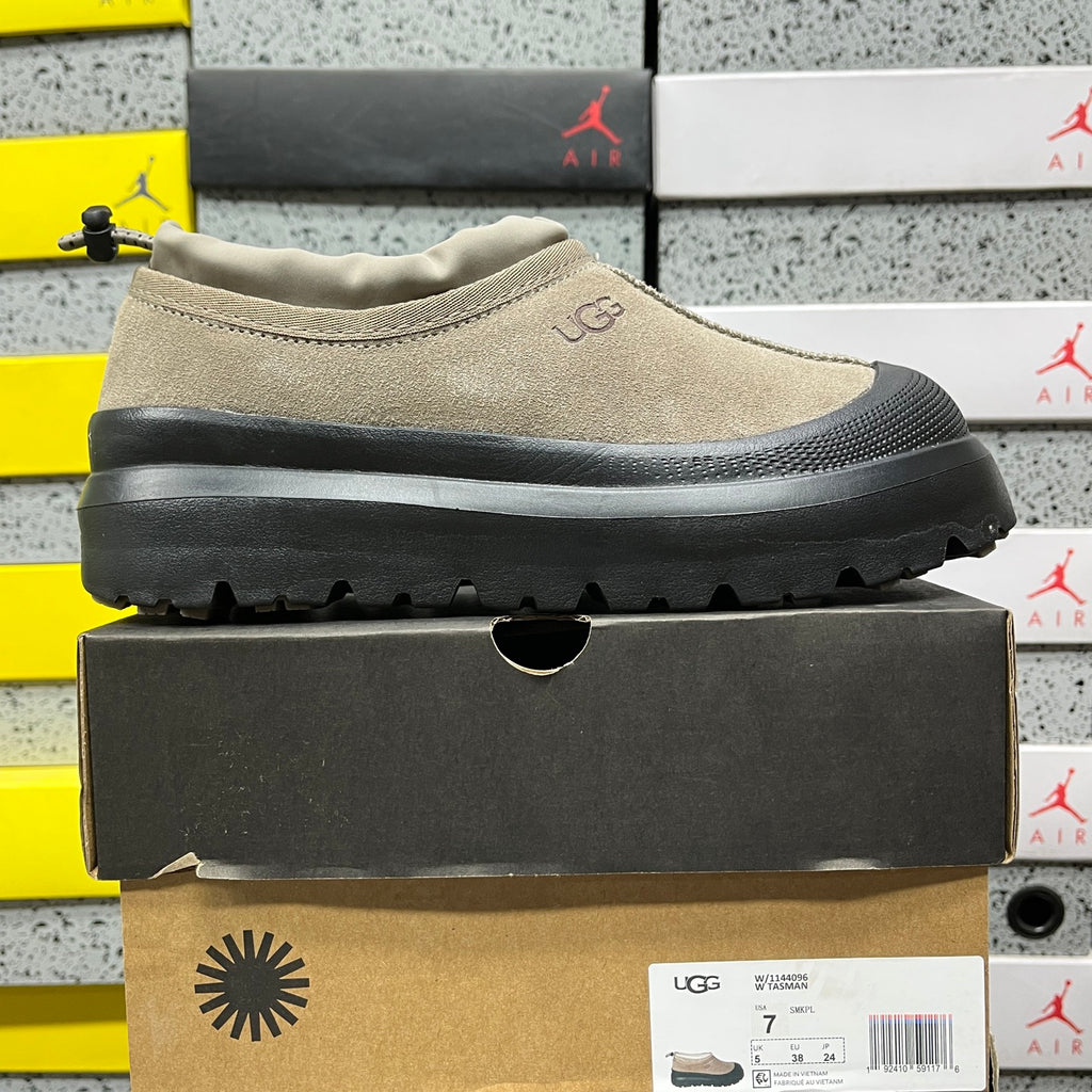 UGG Tasman Weather Hybrid – Smoke Suede Slip-On with Black SugarSole & Sheepskin Lining