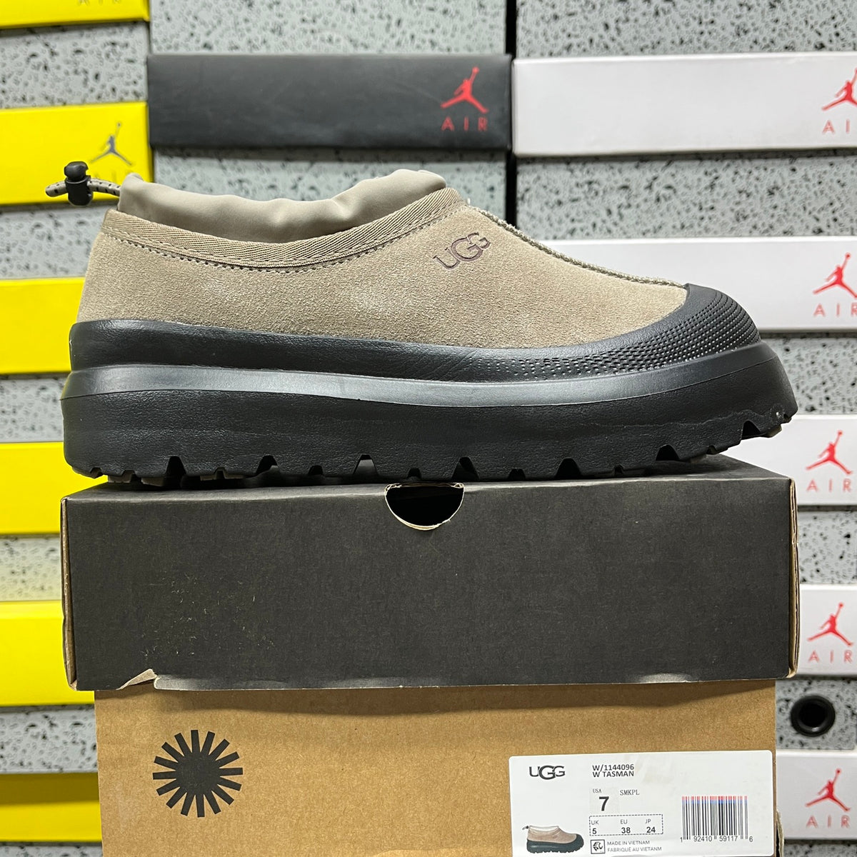 UGG Tasman Weather Hybrid – Smoke Suede Slip-On with Black SugarSole & Sheepskin Lining