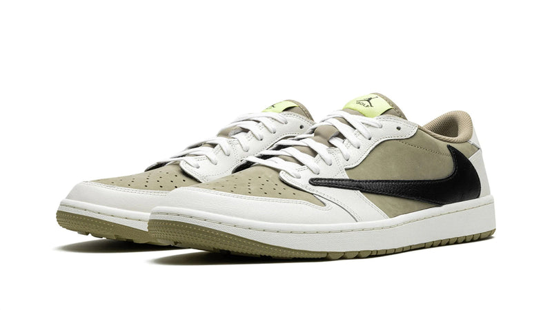 Travis Scott x Air Jordan 1 Low Golf – Cactus Jack on the Course in Neutral Olive with Reversed Swoosh & Spikes