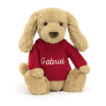 Bashful Toffee Puppy with Personalized Red Jumper