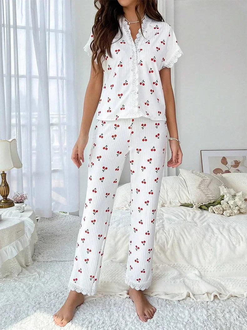 Cherry Print Full-Length Nightwear Set