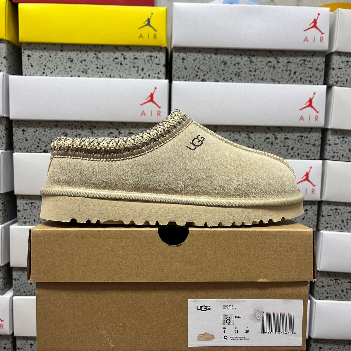UGG Tazz Slipper – Sand Suede Open-Back Platform Mule with Gold Braid Trim & Cream Lug Sole