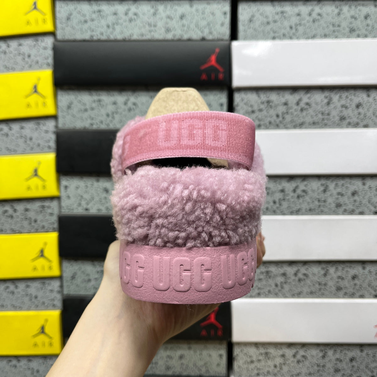 UGG Fluff Sugar Slide – Pink Teddy Shearling Crossband Sandal with Branded Platform Sole