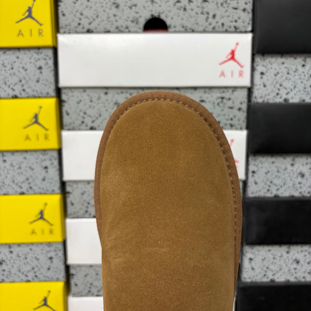UGG Ultra Mini Boot – Chestnut Suede Low Ankle Boot with Cream Sheepskin Lining & Heel Pull Loop