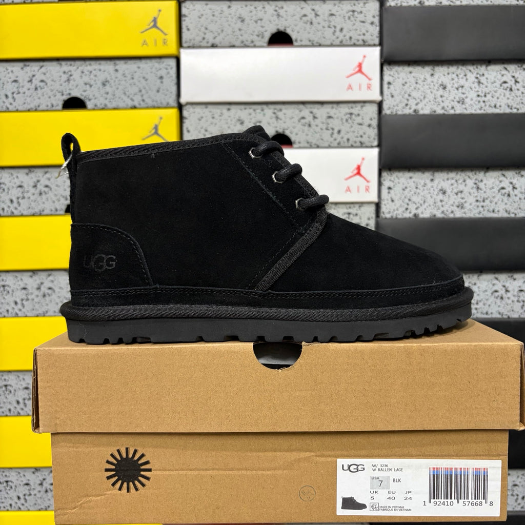 UGG Neumel Boot – All-Black Suede Lace-Up Chukka with Sheepskin Lining & Black Lug Outsole