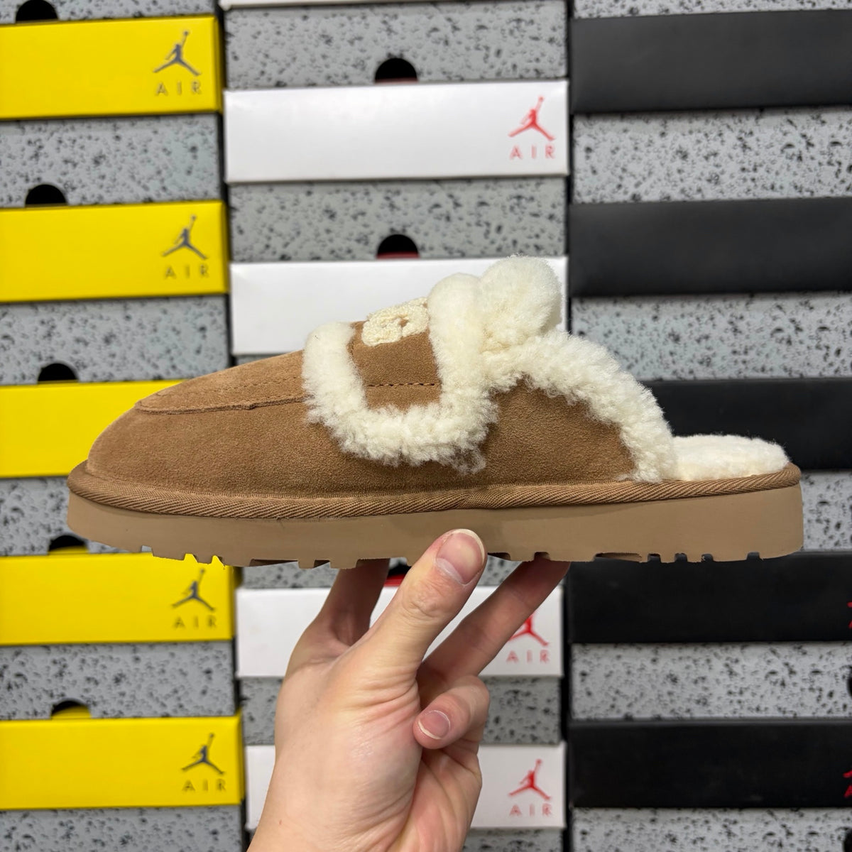 UGG Cozee Squish Slide – Chestnut Suede Open-Toe Sandal with Cream Shearling Knot Strap & Lug Sole