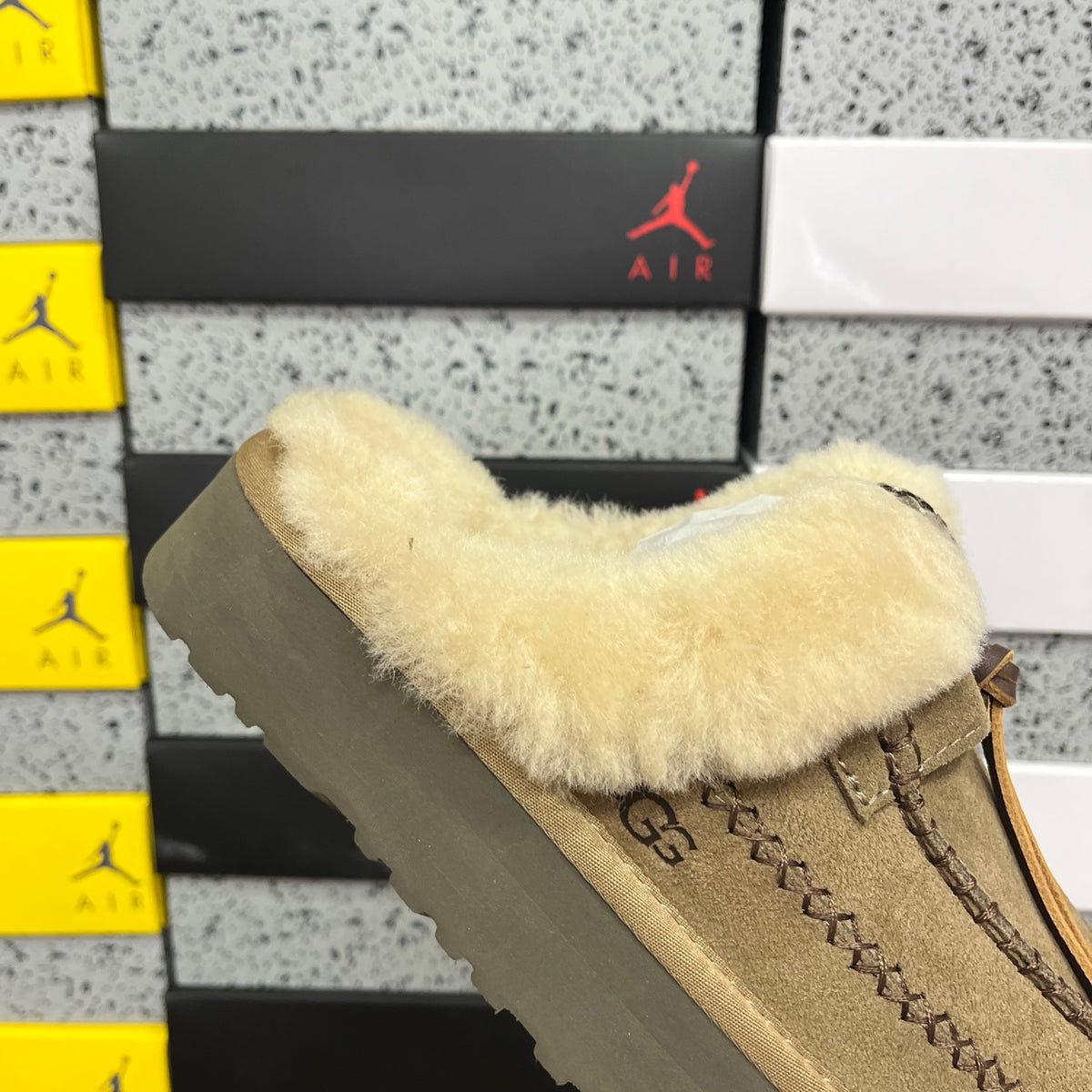 UGG Tazz Platform Slipper – Olive Suede Mule with Oversized Cream Shearling Cuff & Moccasin Stitching