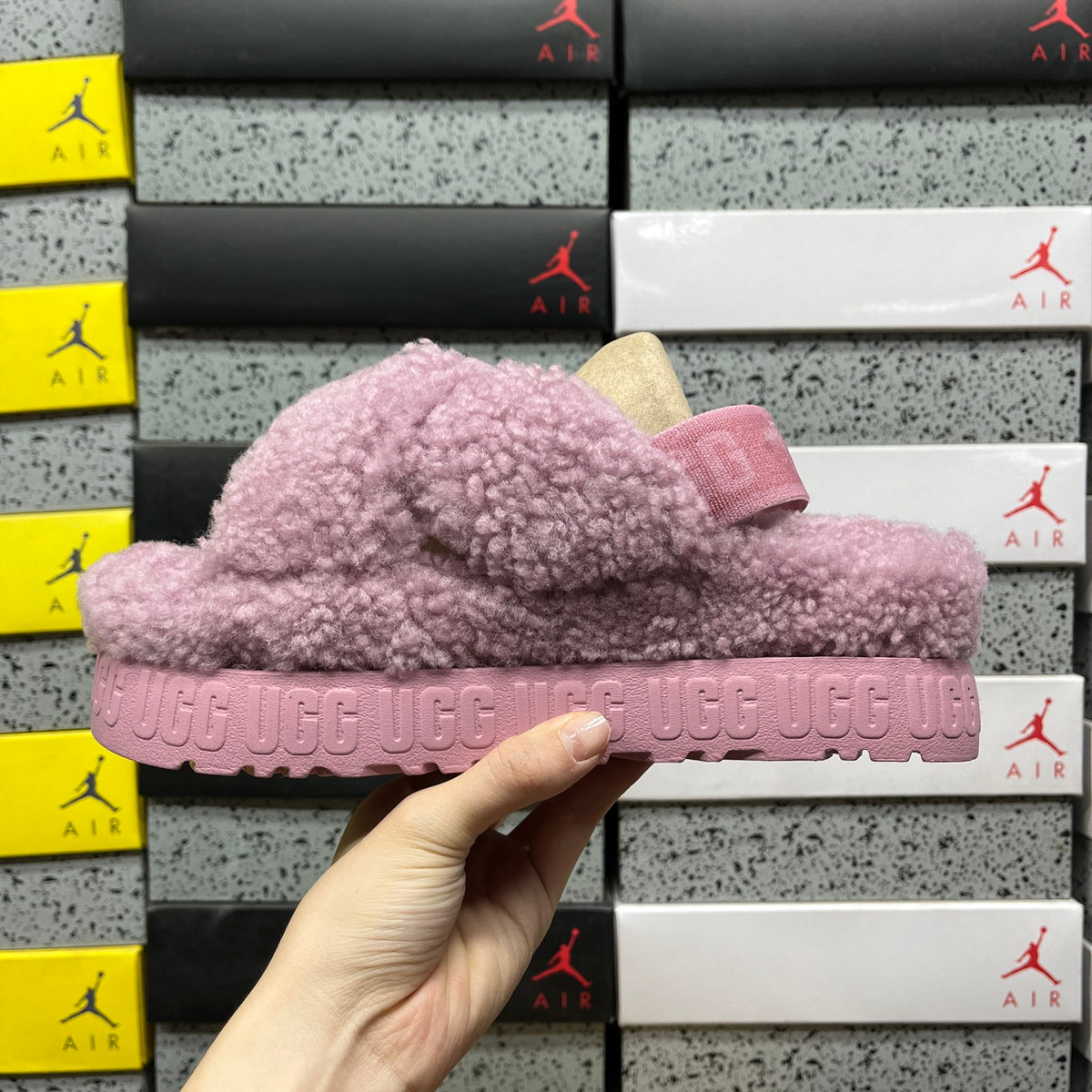 UGG Fluff Sugar Slide – Pink Teddy Shearling Crossband Sandal with Branded Platform Sole