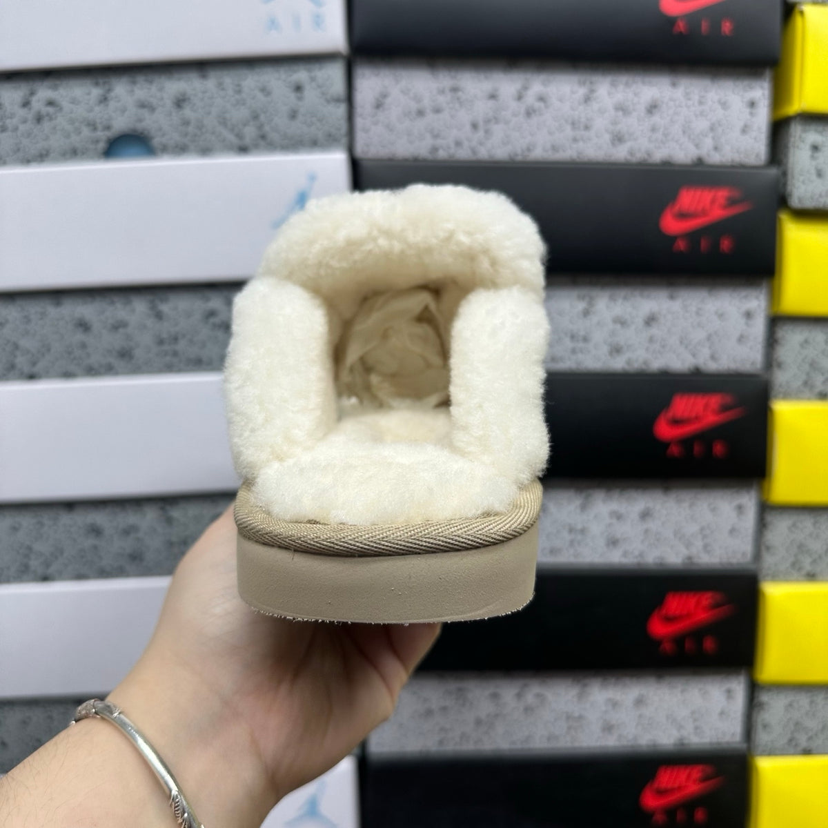 UGG Cozee Squish Slide – Sand Suede Open-Toe Sandal with Cream Shearling Knot Strap & Tonal Lug Sole