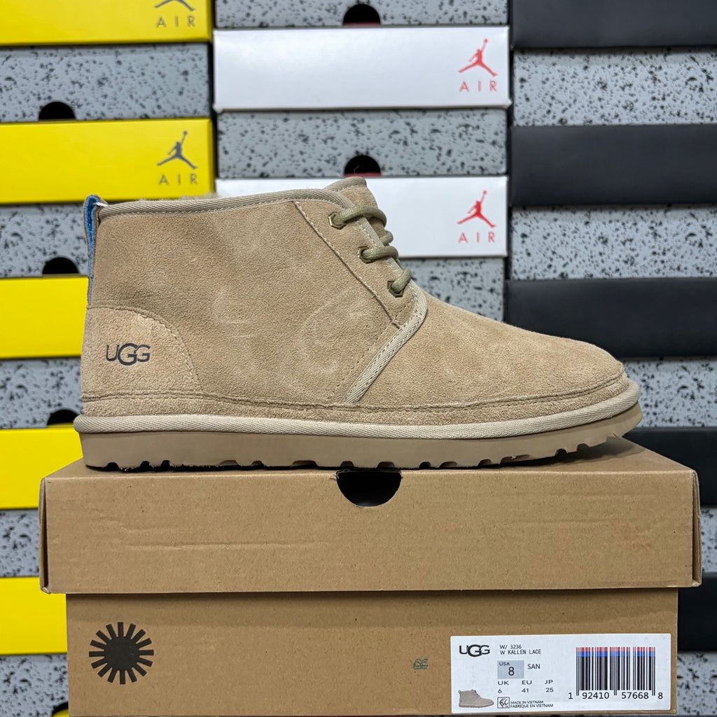 UGG Neumel Boot – Sand/Beige Suede Lace-Up Chukka with Blue Heel Pull Tab, Debossed UGG Logo & Gum Sole