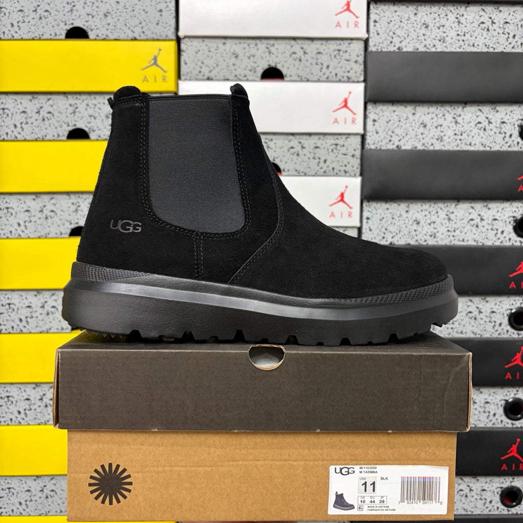 UGG Burleigh Chelsea Boot – All-Black Suede Slip-On with Elastic Gussets, UGGplush Outsole & Red UGG Heel Medallion