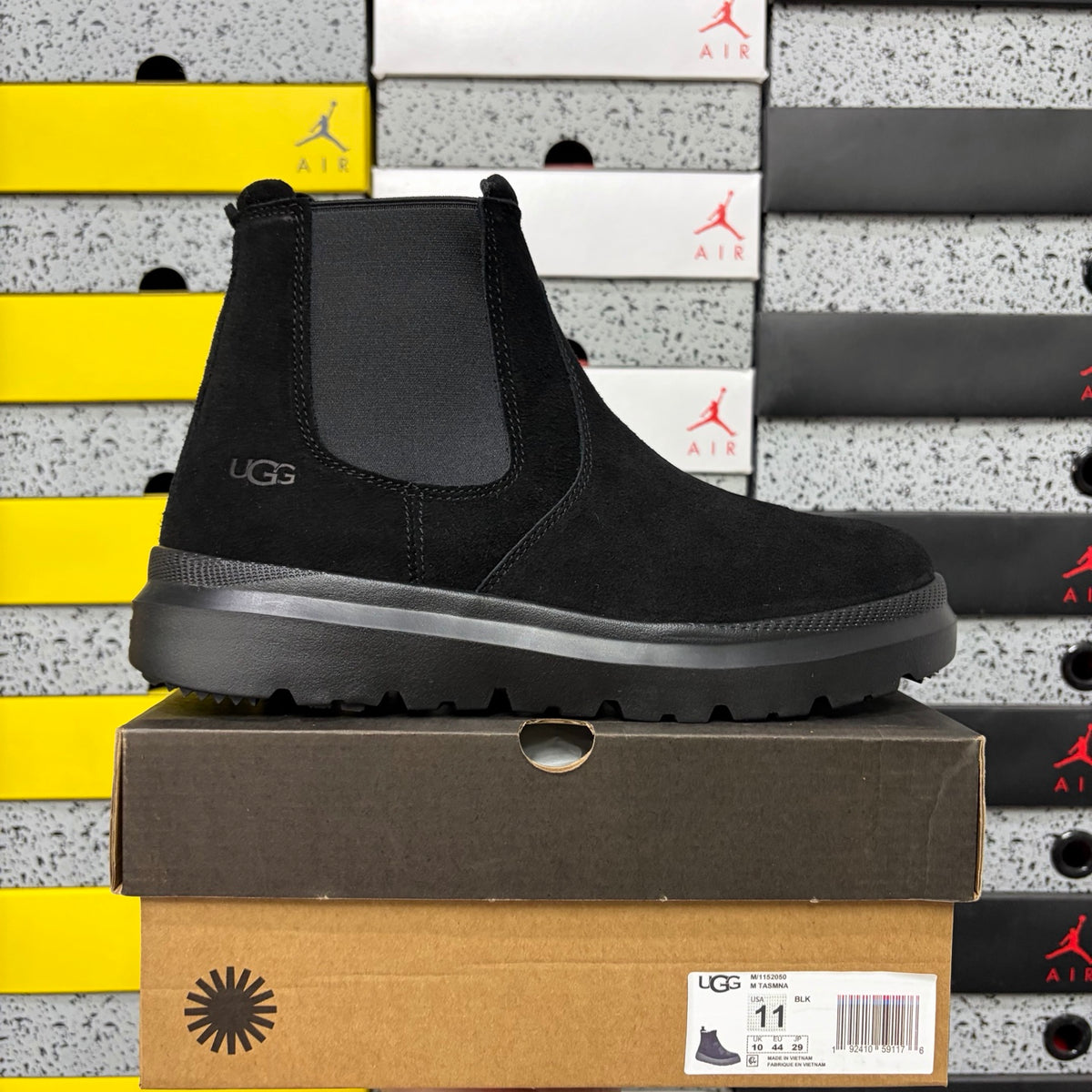 UGG Burleigh Chelsea Boot – All-Black Suede Slip-On with Elastic Gussets, UGGplush Outsole & Red UGG Heel Medallion
