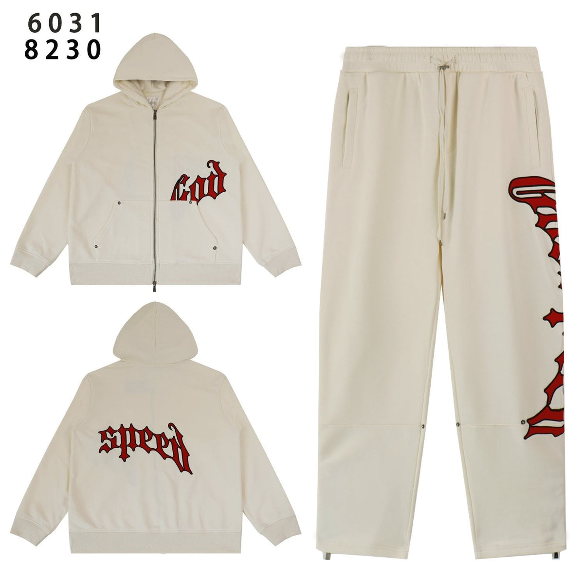 Godspeed Red Gothic Print Zip Hoodie Tracksuit Set