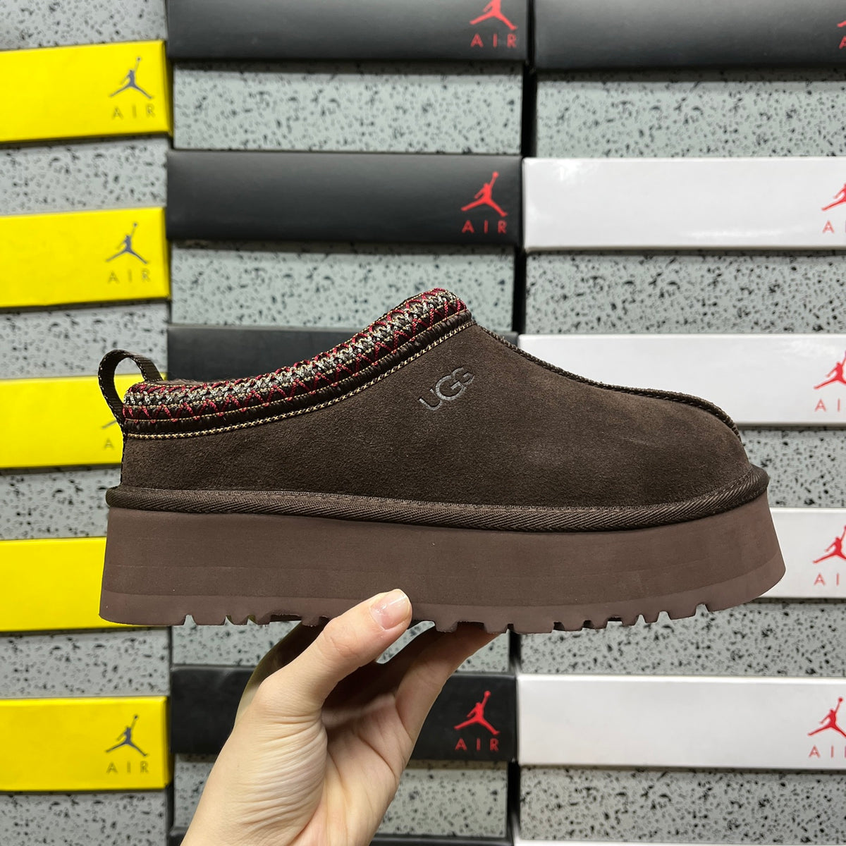 UGG Tazz Platform Slipper – Chocolate Suede with Multi-Color Woven Collar Trim