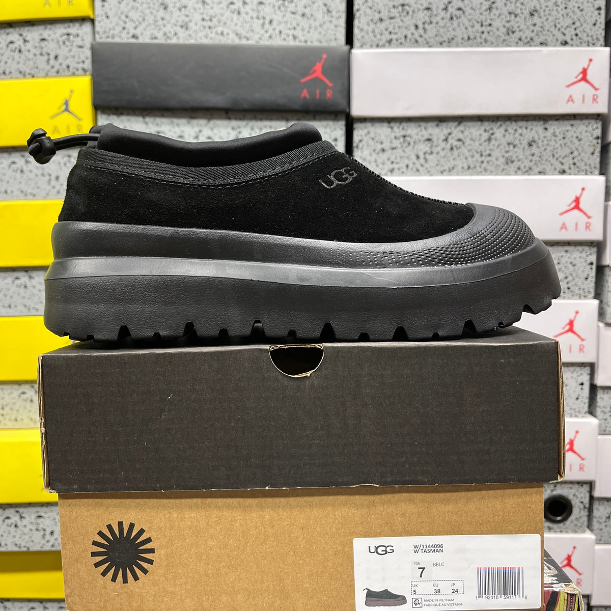 UGG Tasman Weather Hybrid – All-Black Suede Slip-On with Sheepskin Lining & Black SugarSole