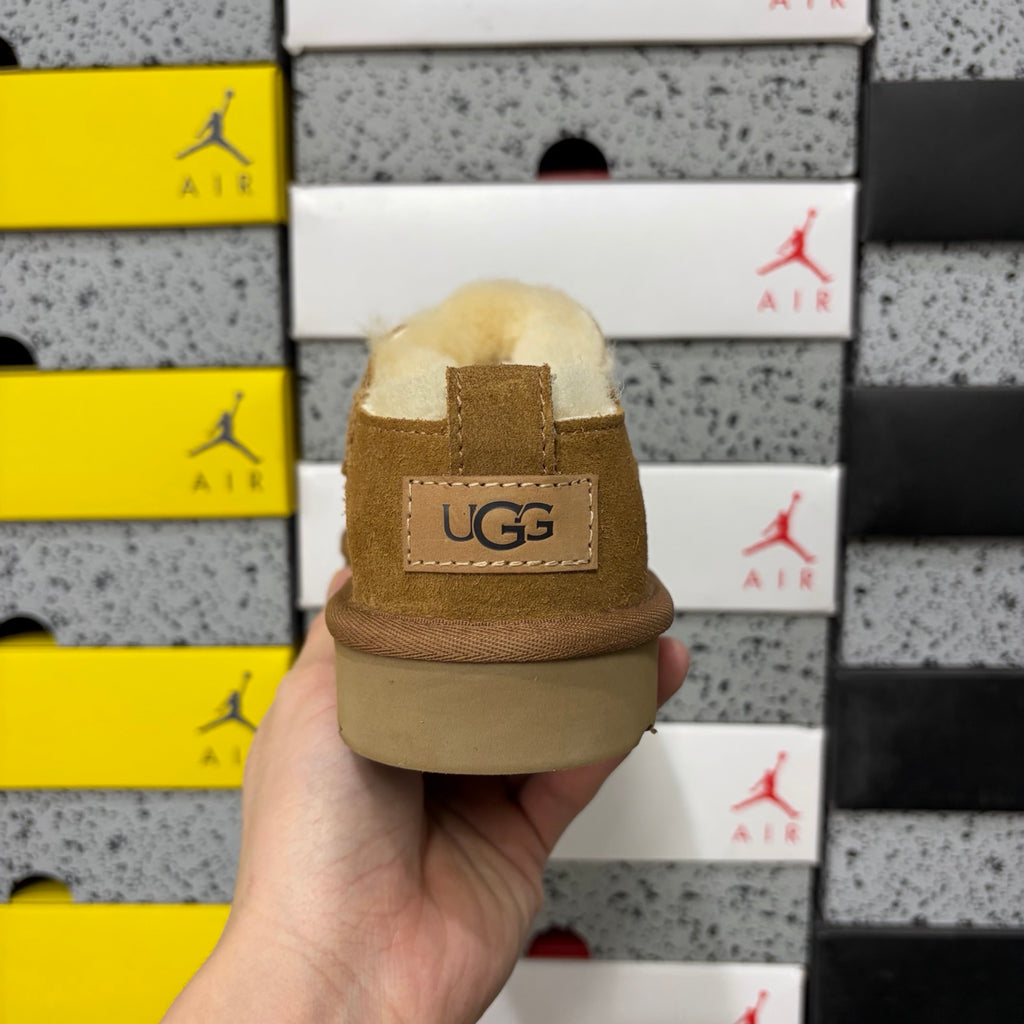 UGG Ultra Mini Boot – Chestnut Suede Low Ankle Boot with Cream Sheepskin Lining & Heel Pull Loop