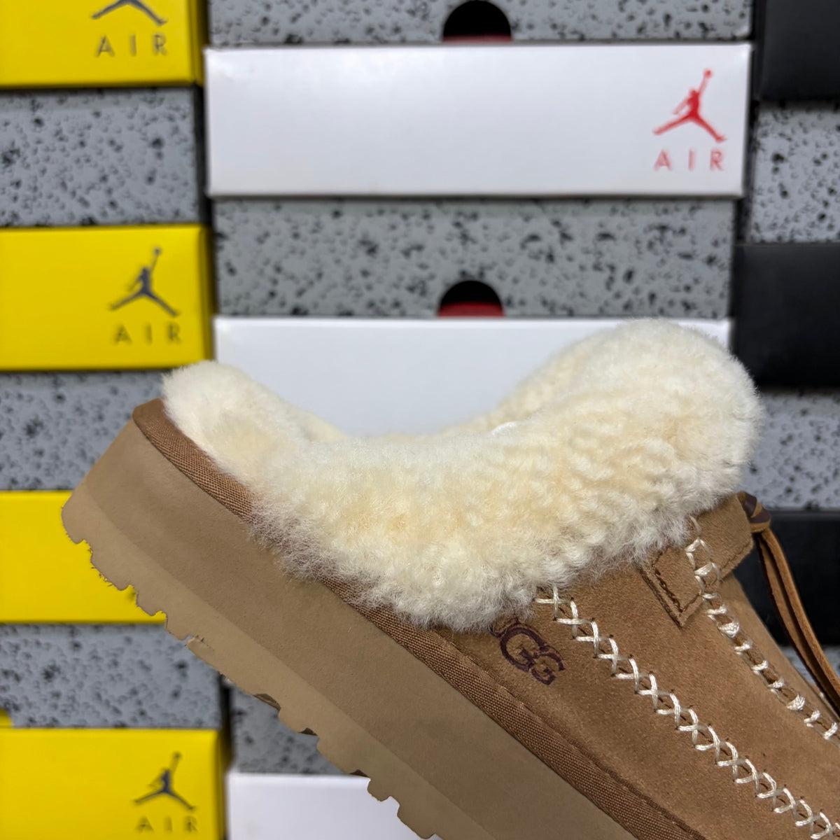 UGG Tazz Platform Slipper – Chestnut Suede Mule with Cream Shearling Cuff & Gold Moccasin Stitching