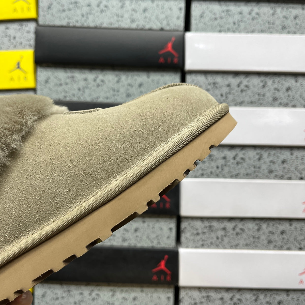 UGG Tazzette Slipper – Sage Suede with Tonal Fluffy Sheepskin Cuff