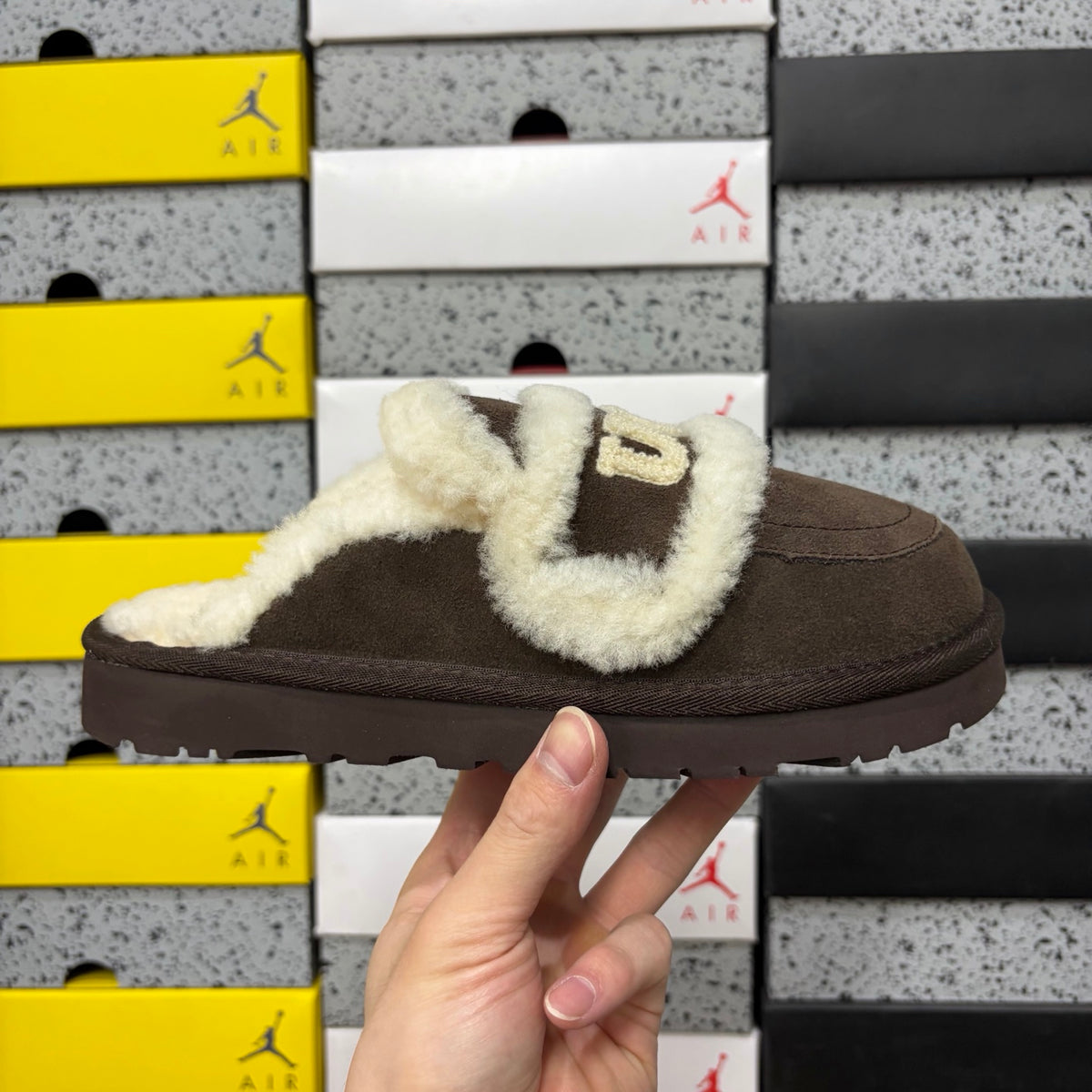 UGG Cozee Squish Slide – Espresso Suede Open-Toe Sandal with Cream Shearling Knot Strap & Dark Lug Sole