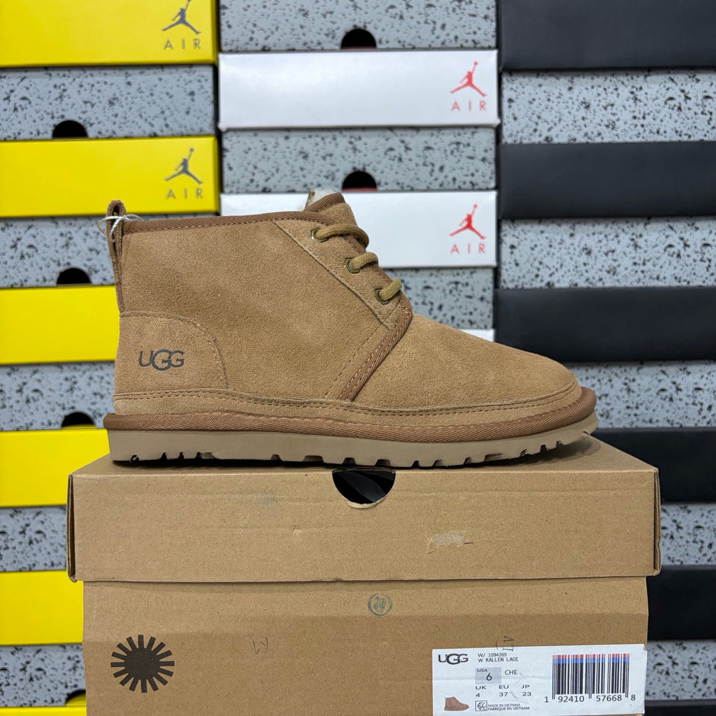 UGG Neumel Boot – Chestnut Suede Lace-Up Chukka with Gold Eyelets, Debossed UGG Logo & Warm Gum Lug Sole