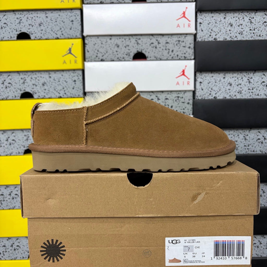 UGG Ultra Mini Boot – Chestnut Suede Low Ankle Boot with Cream Sheepskin Lining & Heel Pull Loop