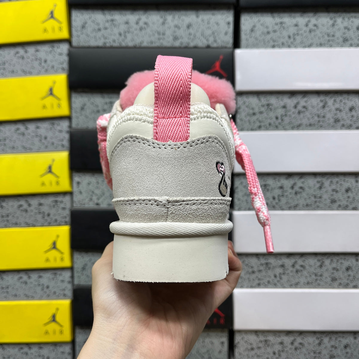 UGG Lowmel Sneaker – Cream Suede with Fluffy Pink Laces & Pompom Charm