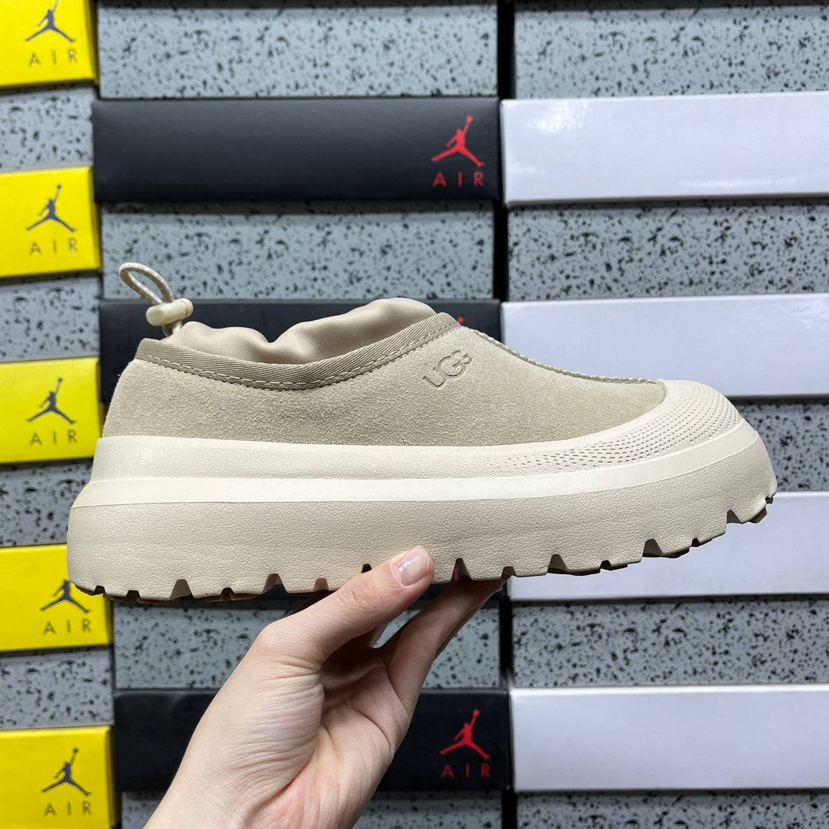UGG Tasman Weather Hybrid – Tonal Cream Suede Slip-On with Sheepskin Lining & Cream SugarSole