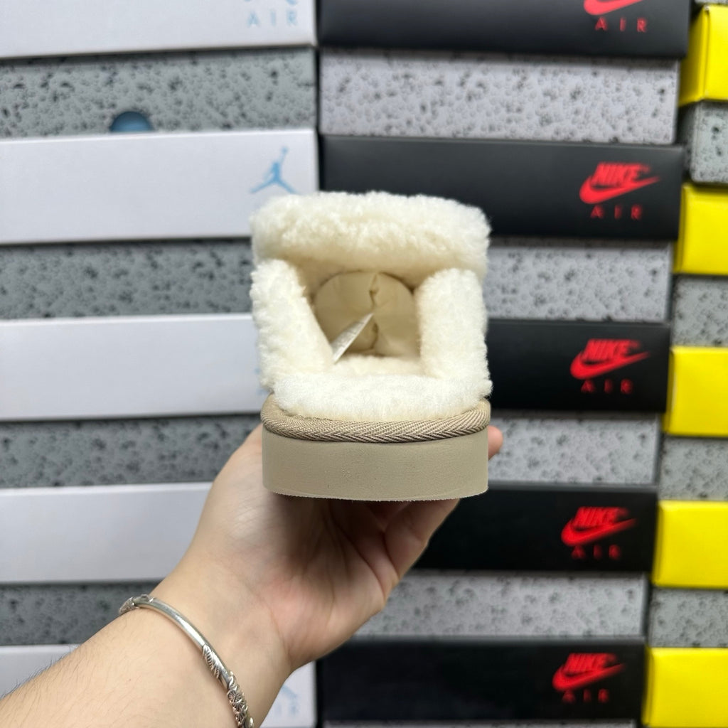 UGG Shearling Slide – Sand Suede Open-Toe Sandal with Sculptural Curly Shearling Knot Strap