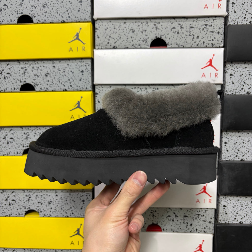 UGG Kallen Lace – Black Suede Platform Bootie with Fluffy Grey Sheepskin Cuff, Back Lace Detail & Sawtooth Lug Sole